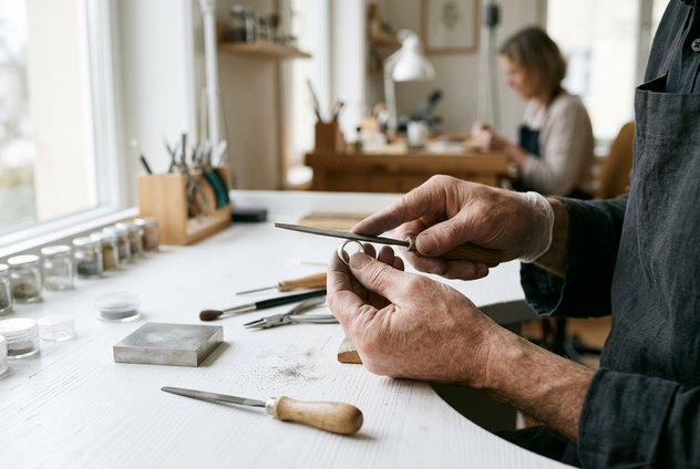Artisan hands carefully finishing a ring at a bright studio workbench