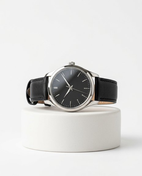 Contemporary steel watch with a charcoal dial on a white plinth