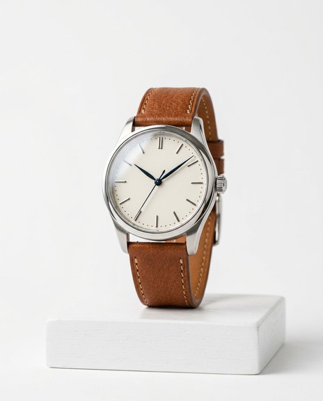 Steel watch with a cream dial and leather strap